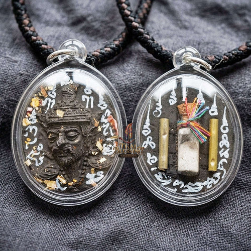 Authentic Thai Ruesi Hermit Amulet "Borom Khru Pu Ruesi BE 2569" - Black Sacred Herbal Powder Pendant with Holy Powder Bottle & Dual Takrut Thai Blessing Co By RURUECHA