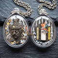 Authentic Thai Ruesi Hermit Amulet "Borom Khru Pu Ruesi BE 2569" - Black Sacred Herbal Powder Pendant with Holy Powder Bottle & Dual Takrut Thai Blessing Co By RURUECHA