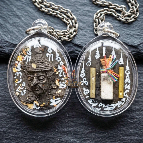 Authentic Thai Ruesi Hermit Amulet "Borom Khru Pu Ruesi BE 2569" - Black Sacred Herbal Powder Pendant with Holy Powder Bottle & Dual Takrut Thai Blessing Co By RURUECHA