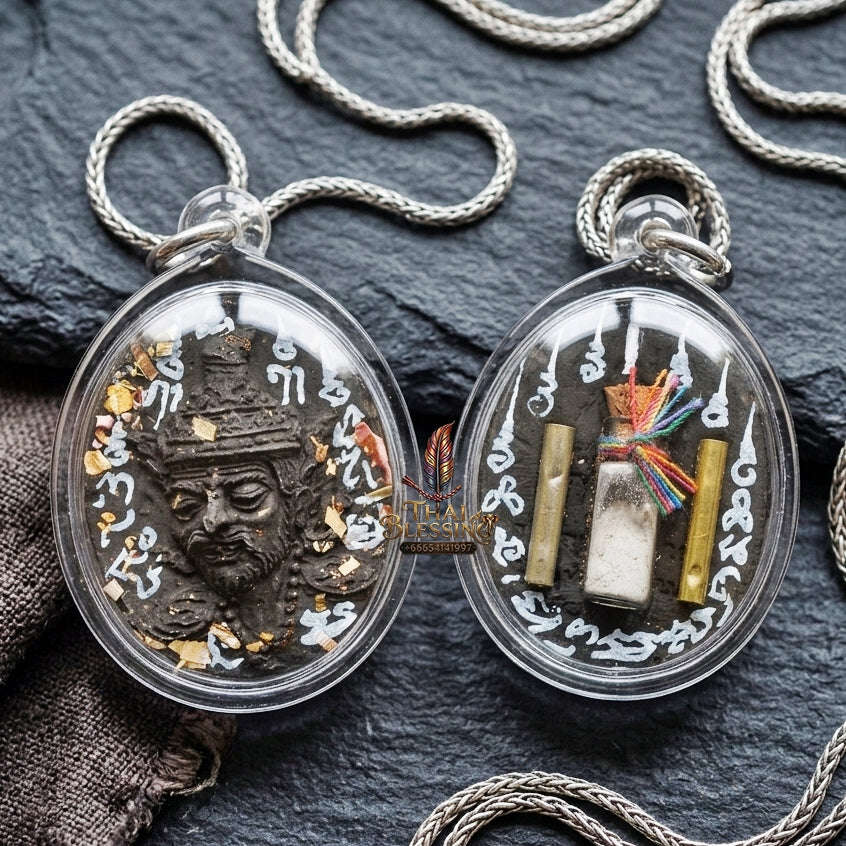 Authentic Thai Ruesi Hermit Amulet "Borom Khru Pu Ruesi BE 2569" - Black Sacred Herbal Powder Pendant with Holy Powder Bottle & Dual Takrut Thai Blessing Co By RURUECHA
