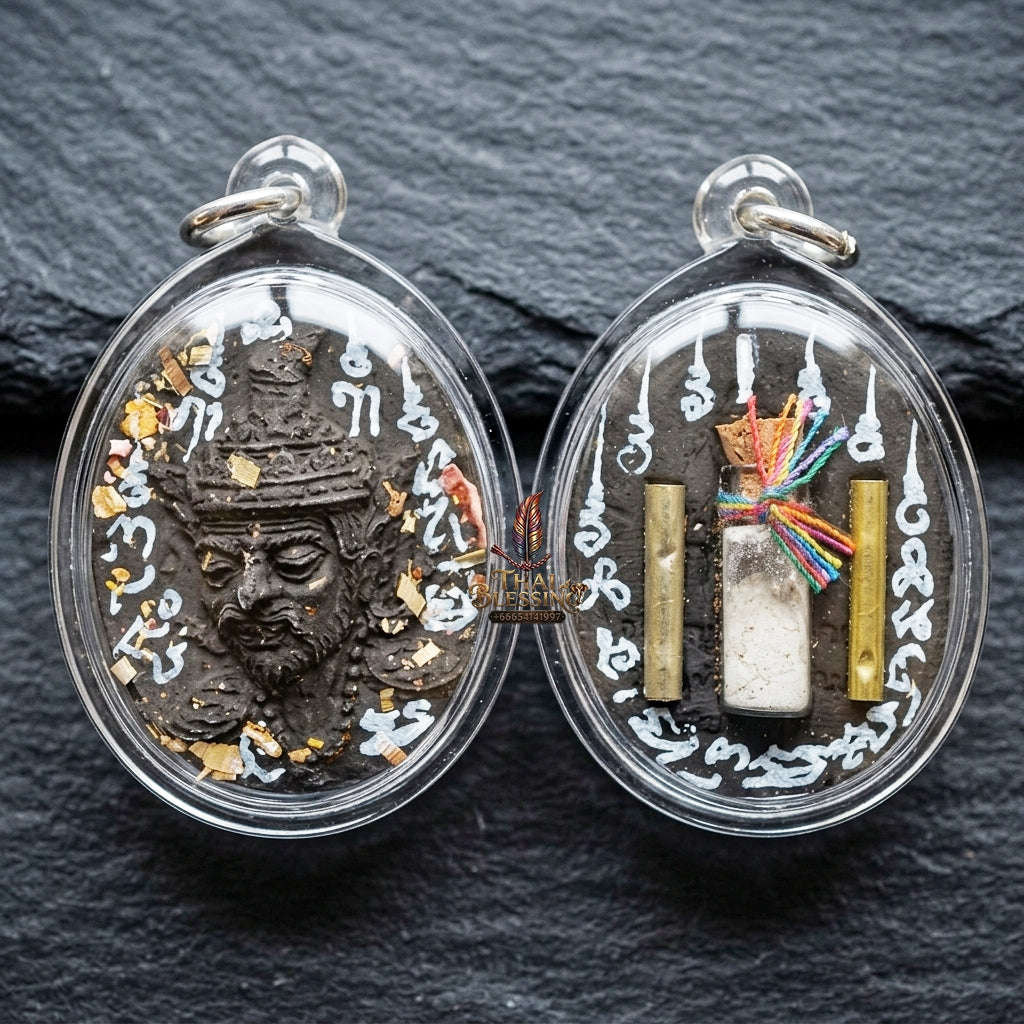 Authentic Thai Ruesi Hermit Amulet "Borom Khru Pu Ruesi BE 2569" - Black Sacred Herbal Powder Pendant with Holy Powder Bottle & Dual Takrut Thai Blessing Co By RURUECHA