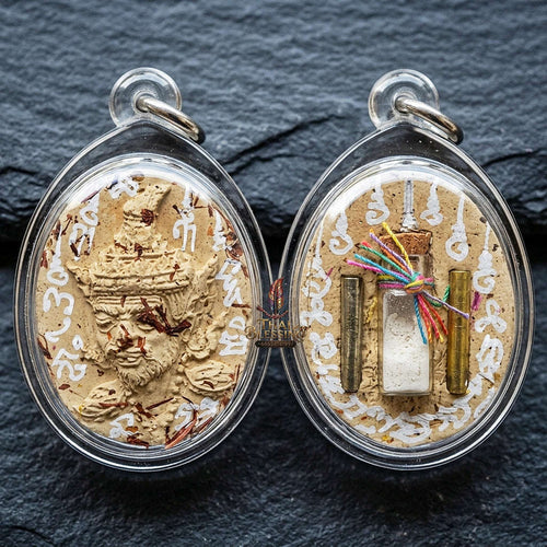 Authentic Thai Ruesi Hermit Amulet "Borom Khru Pu Ruesi BE 2569" - Cream White Sacred Herbal Powder Pendant with Holy Powder Bottle & Dual Takrut Thai Blessing Co By RURUECHA