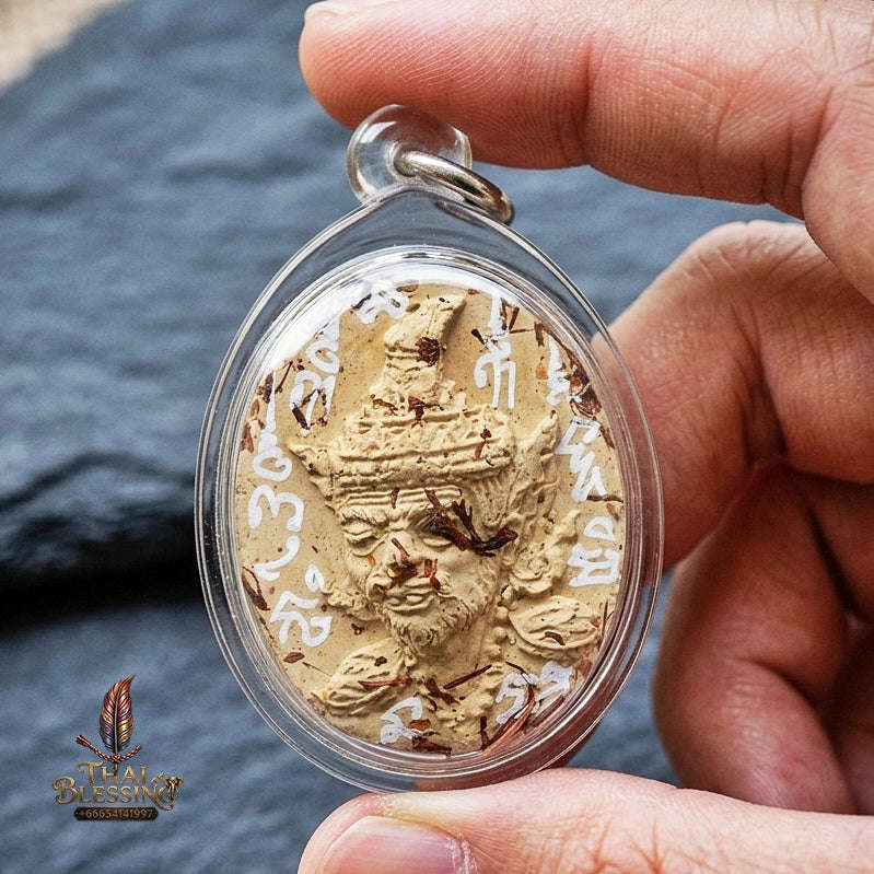 Authentic Thai Ruesi Hermit Amulet "Borom Khru Pu Ruesi BE 2569" - Cream White Sacred Herbal Powder Pendant with Holy Powder Bottle & Dual Takrut