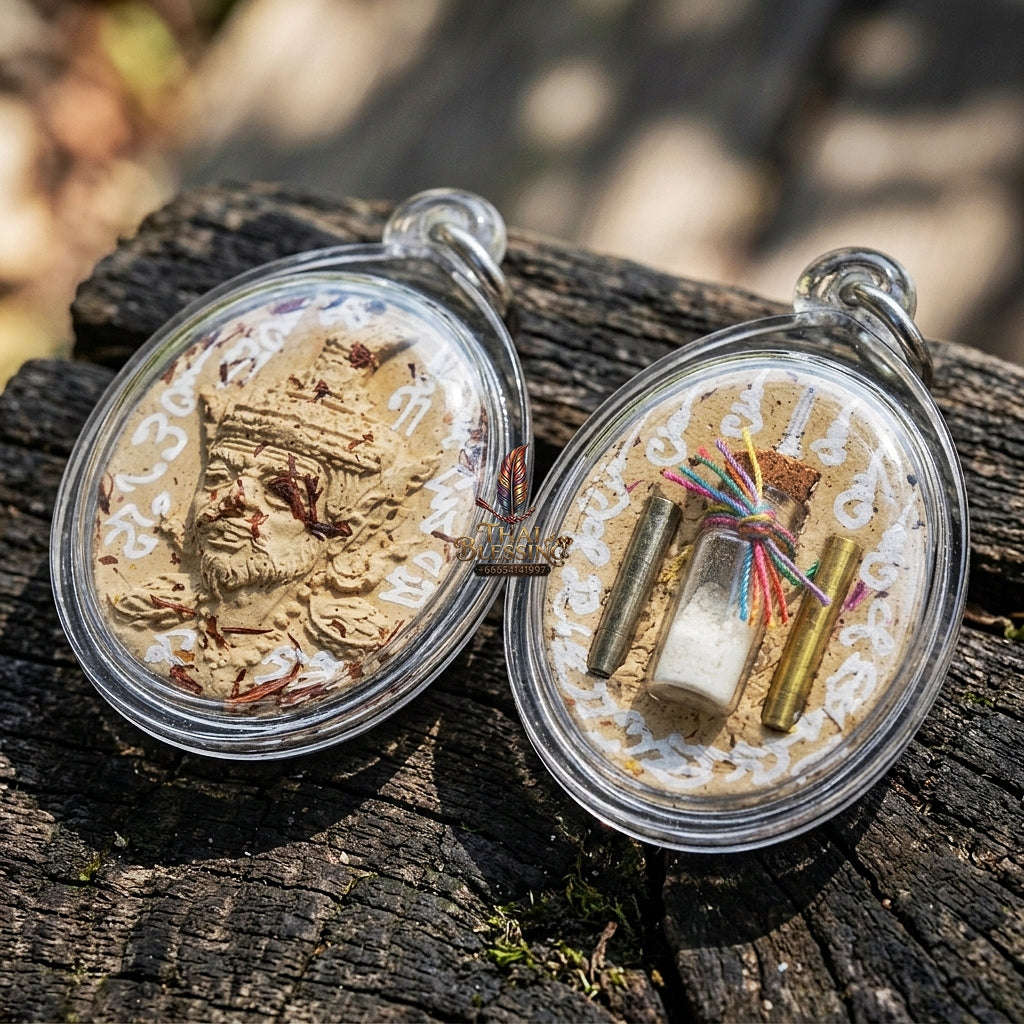 Authentic Thai Ruesi Hermit Amulet "Borom Khru Pu Ruesi BE 2569" - Cream White Sacred Herbal Powder Pendant with Holy Powder Bottle & Dual Takrut