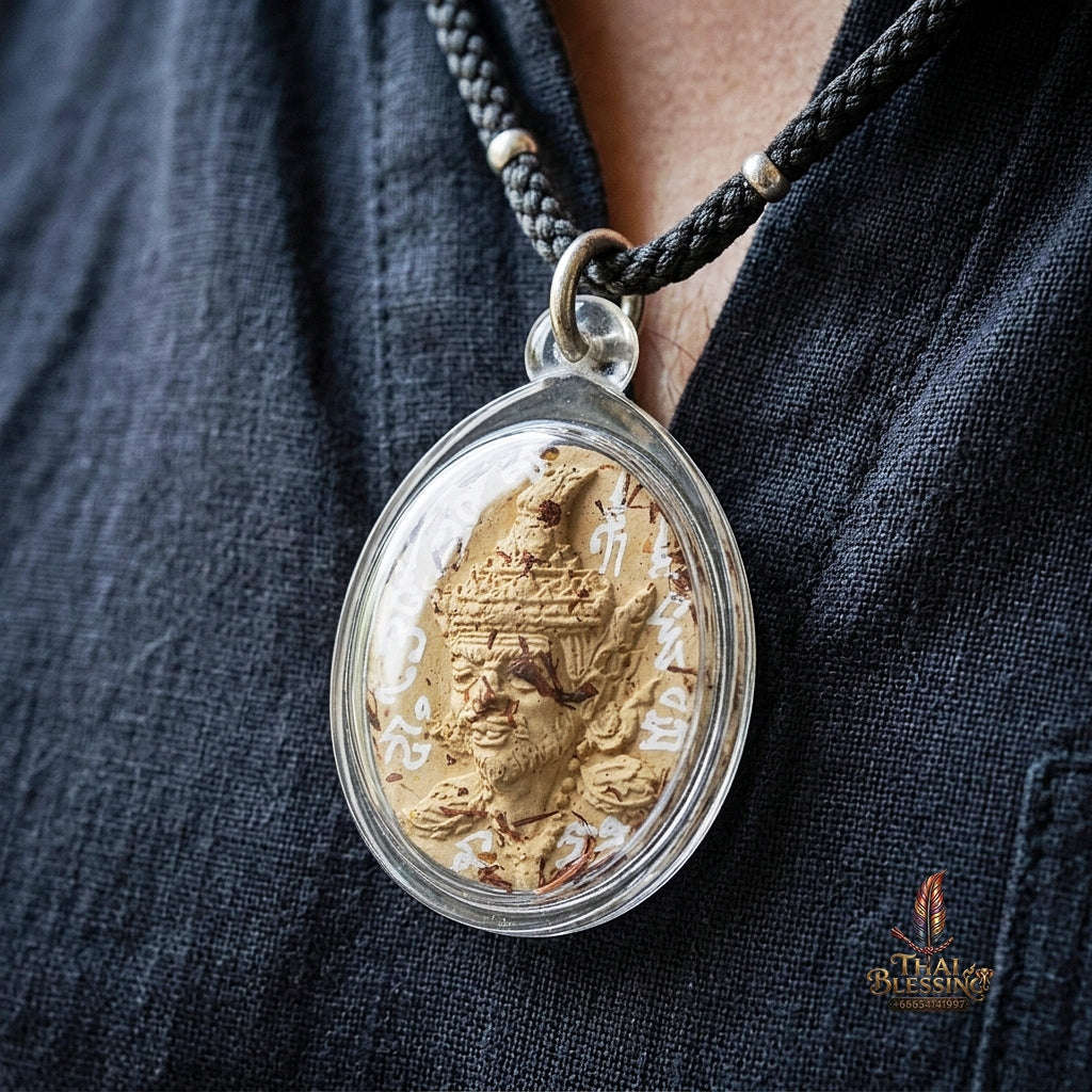 Authentic Thai Ruesi Hermit Amulet "Borom Khru Pu Ruesi BE 2569" - Cream White Sacred Herbal Powder Pendant with Holy Powder Bottle & Dual Takrut
