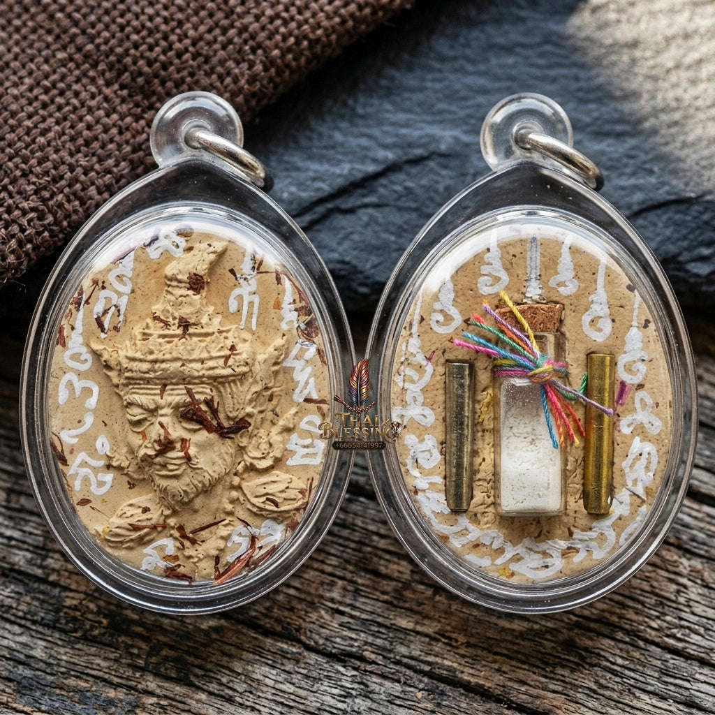 Authentic Thai Ruesi Hermit Amulet "Borom Khru Pu Ruesi BE 2569" - Cream White Sacred Herbal Powder Pendant with Holy Powder Bottle & Dual Takrut