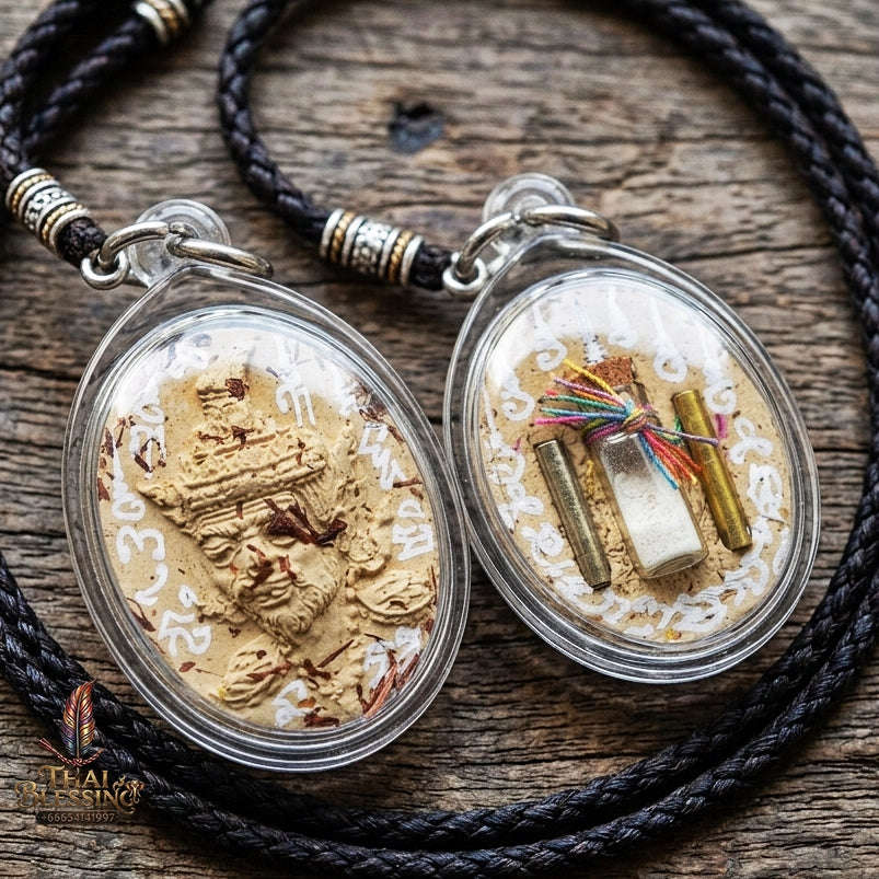 Authentic Thai Ruesi Hermit Amulet "Borom Khru Pu Ruesi BE 2569" - Cream White Sacred Herbal Powder Pendant with Holy Powder Bottle & Dual Takrut