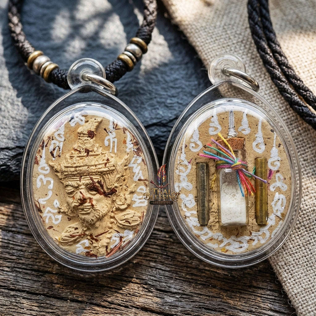 Authentic Thai Ruesi Hermit Amulet "Borom Khru Pu Ruesi BE 2569" - Cream White Sacred Herbal Powder Pendant with Holy Powder Bottle & Dual Takrut