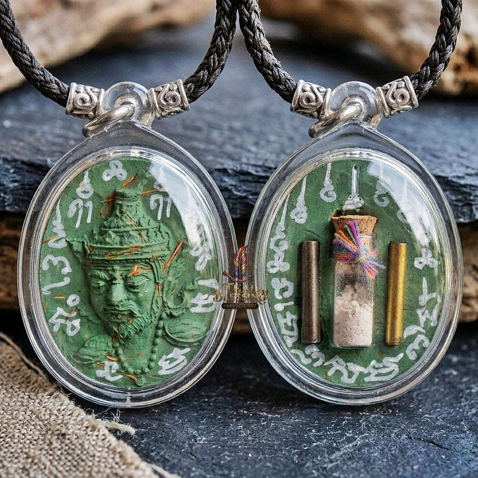 Authentic Thai Ruesi Hermit Amulet "Borom Khru Pu Ruesi BE 2569" - Green Sacred Herbal Powder Pendant with Holy Powder Bottle & Dual Takrut Thai Blessing Co By RURUECHA