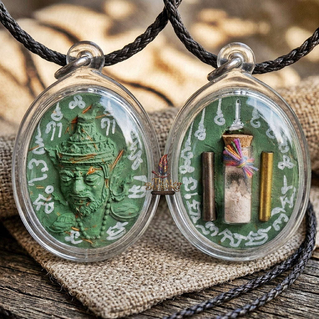 Authentic Thai Ruesi Hermit Amulet "Borom Khru Pu Ruesi BE 2569" - Green Sacred Herbal Powder Pendant with Holy Powder Bottle & Dual Takrut Thai Blessing Co By RURUECHA