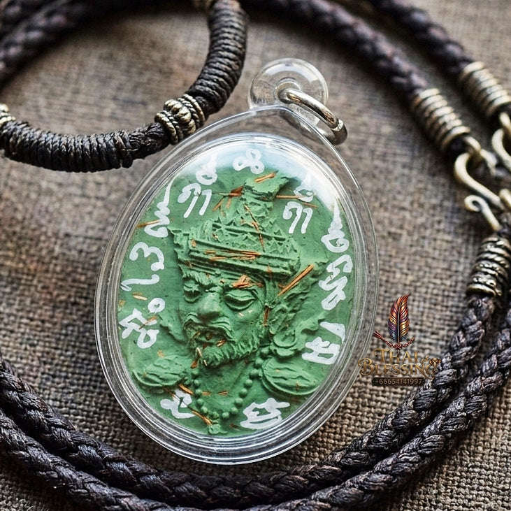 Authentic Thai Ruesi Hermit Amulet "Borom Khru Pu Ruesi BE 2569" - Green Sacred Herbal Powder Pendant with Holy Powder Bottle & Dual Takrut Thai Blessing Co By RURUECHA
