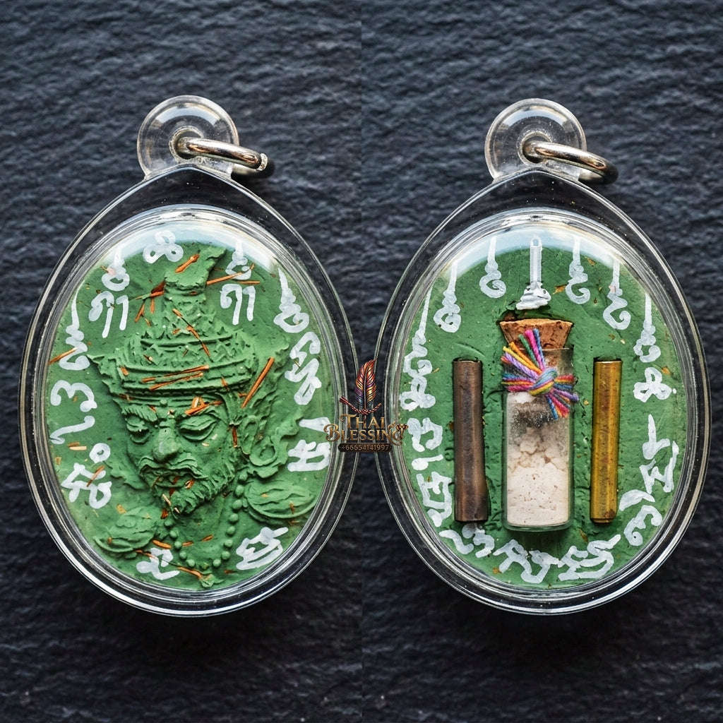 Authentic Thai Ruesi Hermit Amulet "Borom Khru Pu Ruesi BE 2569" - Green Sacred Herbal Powder Pendant with Holy Powder Bottle & Dual Takrut Thai Blessing Co By RURUECHA