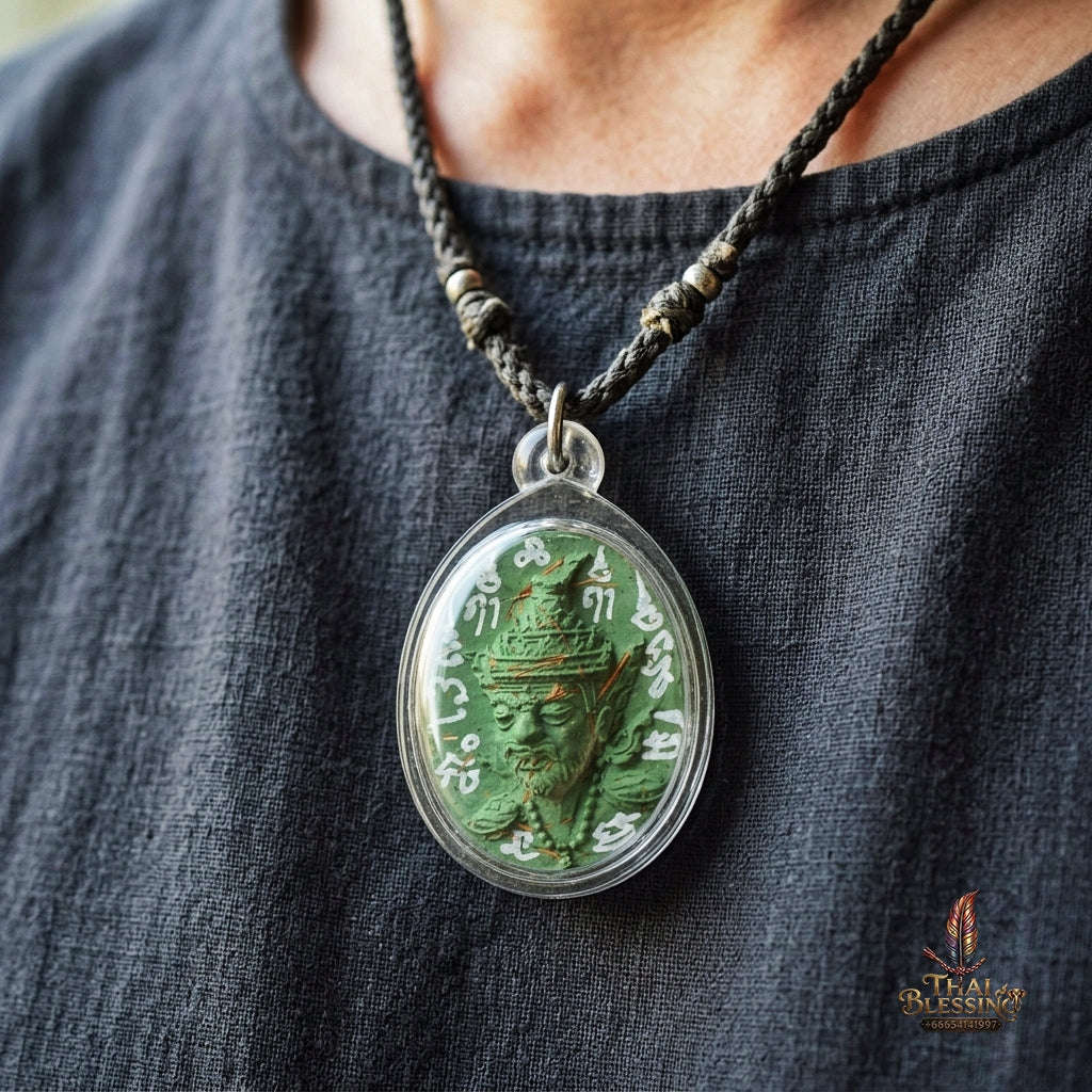 Authentic Thai Ruesi Hermit Amulet "Borom Khru Pu Ruesi BE 2569" - Green Sacred Herbal Powder Pendant with Holy Powder Bottle & Dual Takrut Thai Blessing Co By RURUECHA