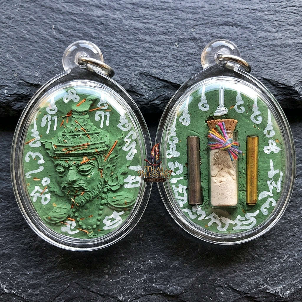 Authentic Thai Ruesi Hermit Amulet "Borom Khru Pu Ruesi BE 2569" - Green Sacred Herbal Powder Pendant with Holy Powder Bottle & Dual Takrut Thai Blessing Co By RURUECHA