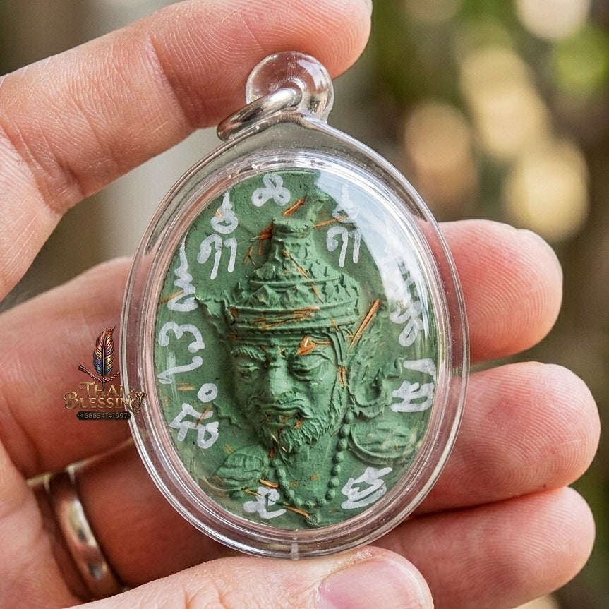 Authentic Thai Ruesi Hermit Amulet "Borom Khru Pu Ruesi BE 2569" - Green Sacred Herbal Powder Pendant with Holy Powder Bottle & Dual Takrut Thai Blessing Co By RURUECHA