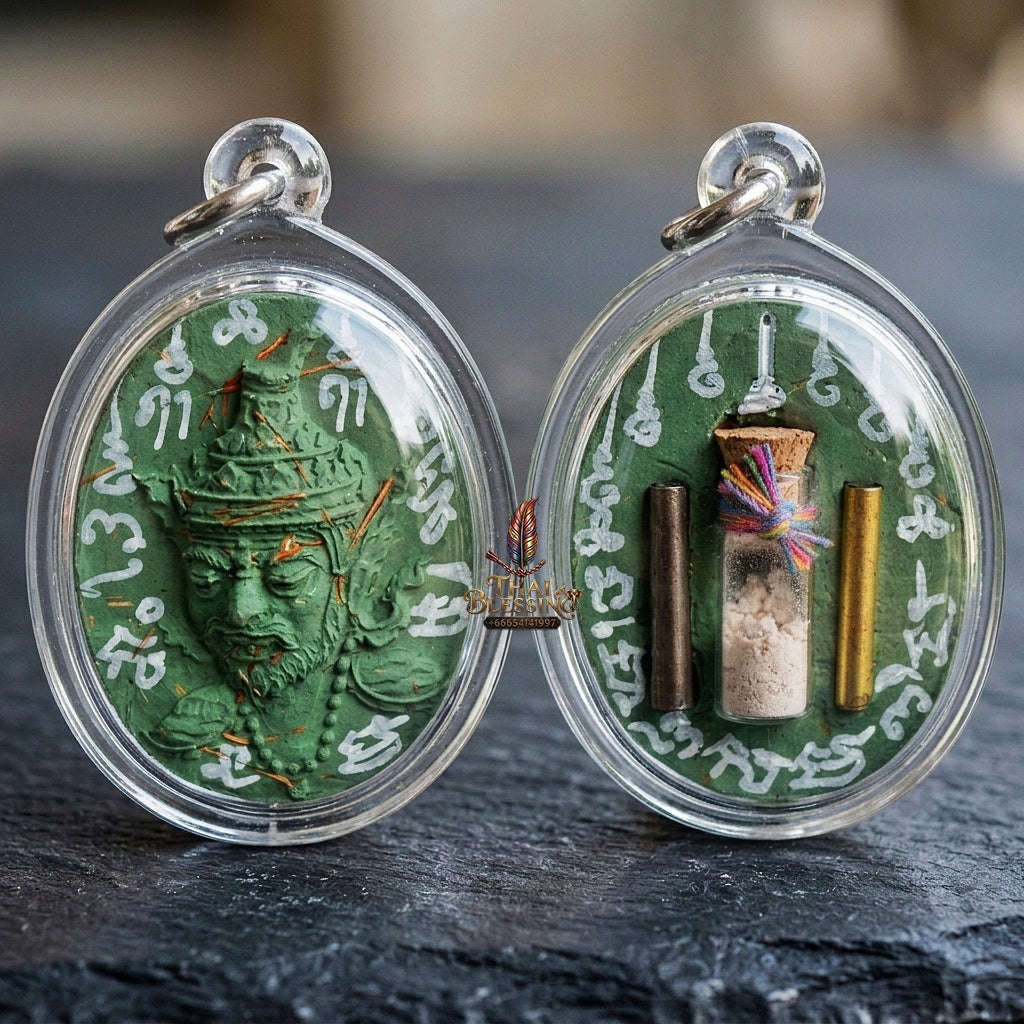 Authentic Thai Ruesi Hermit Amulet "Borom Khru Pu Ruesi BE 2569" - Green Sacred Herbal Powder Pendant with Holy Powder Bottle & Dual Takrut Thai Blessing Co By RURUECHA