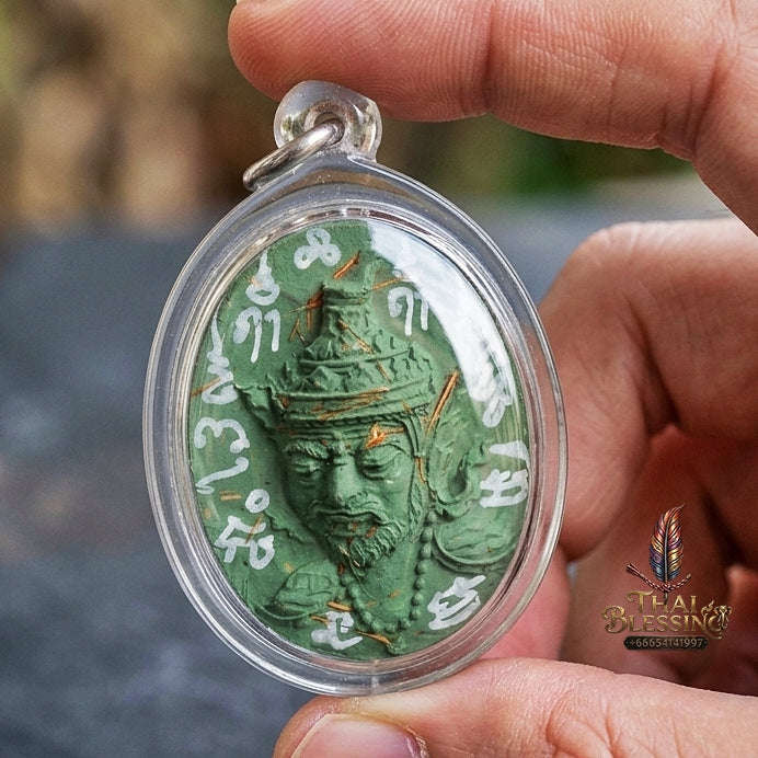 Authentic Thai Ruesi Hermit Amulet "Borom Khru Pu Ruesi BE 2569" - Green Sacred Herbal Powder Pendant with Holy Powder Bottle & Dual Takrut Thai Blessing Co By RURUECHA