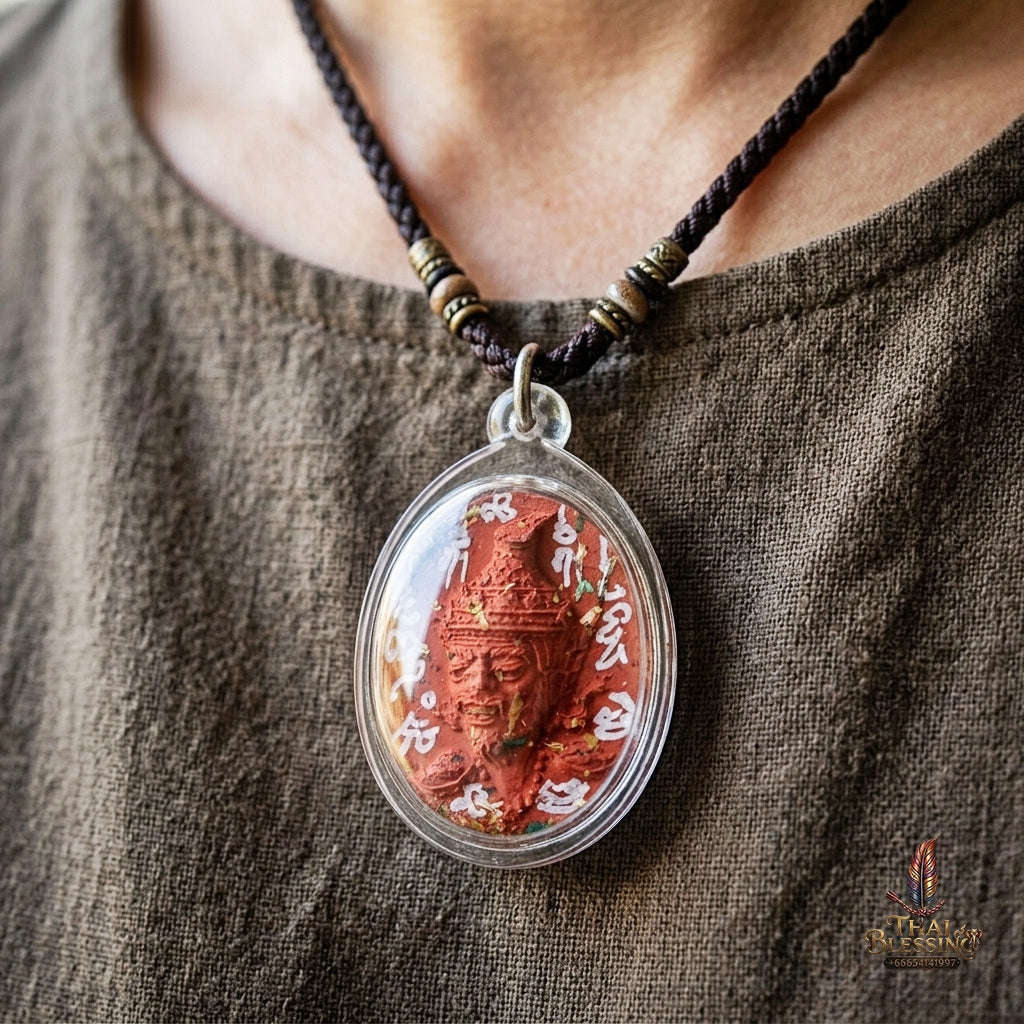 Authentic Thai Ruesi Hermit Amulet "Borom Khru Pu Ruesi BE 2569" - Red Sacred Herbal Powder Pendant with Holy Powder Bottle & Dual Takrut Thai Blessing Co By RURUECHA