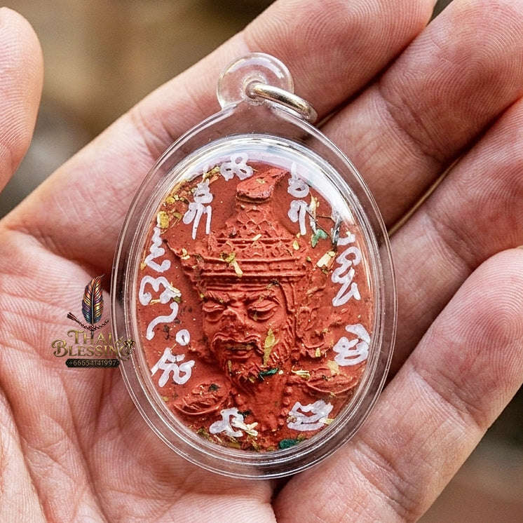 Authentic Thai Ruesi Hermit Amulet "Borom Khru Pu Ruesi BE 2569" - Red Sacred Herbal Powder Pendant with Holy Powder Bottle & Dual Takrut Thai Blessing Co By RURUECHA