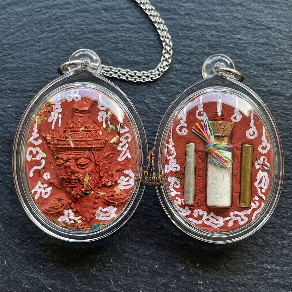 Authentic Thai Ruesi Hermit Amulet "Borom Khru Pu Ruesi BE 2569" - Red Sacred Herbal Powder Pendant with Holy Powder Bottle & Dual Takrut Thai Blessing Co By RURUECHA