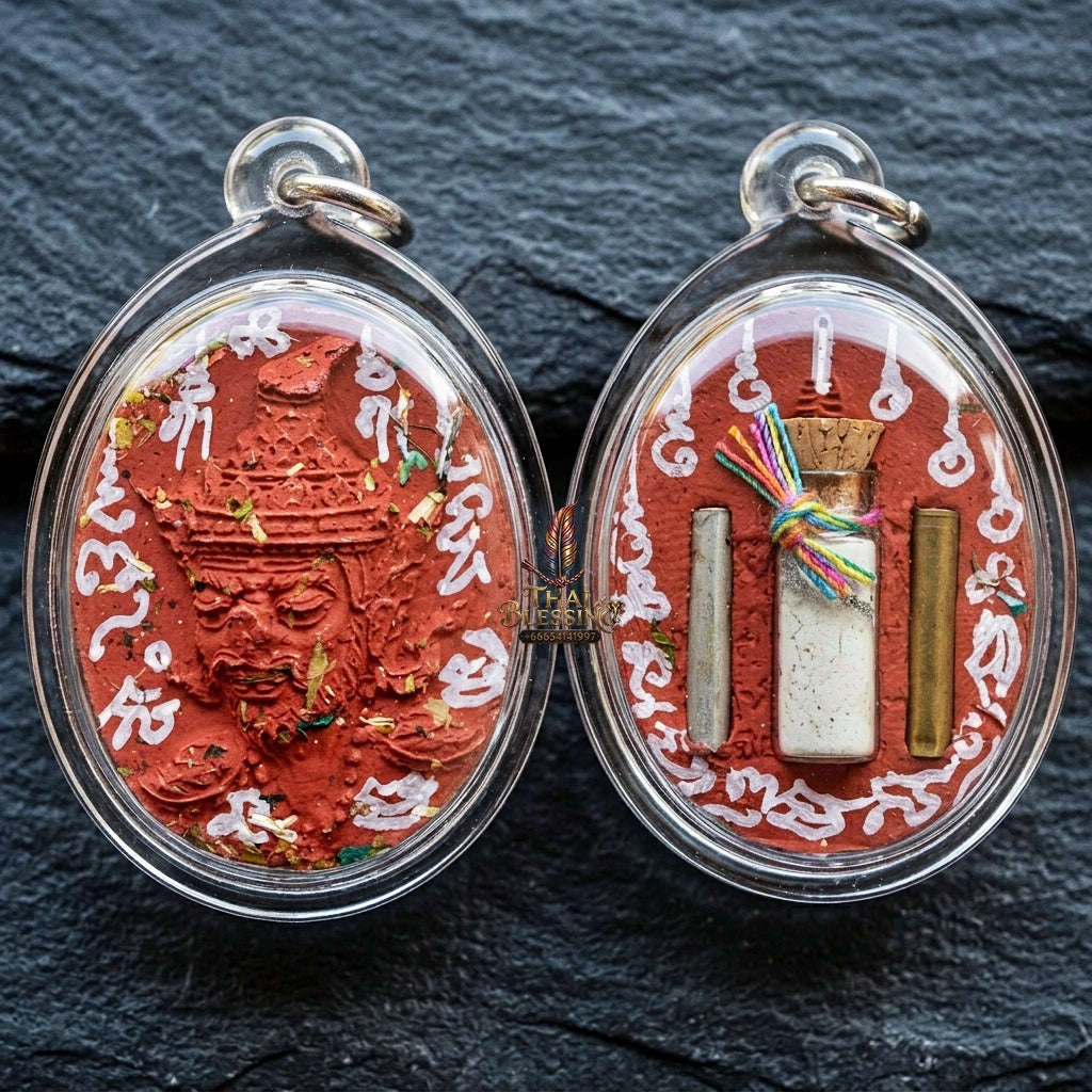 Authentic Thai Ruesi Hermit Amulet "Borom Khru Pu Ruesi BE 2569" - Red Sacred Herbal Powder Pendant with Holy Powder Bottle & Dual Takrut Thai Blessing Co By RURUECHA