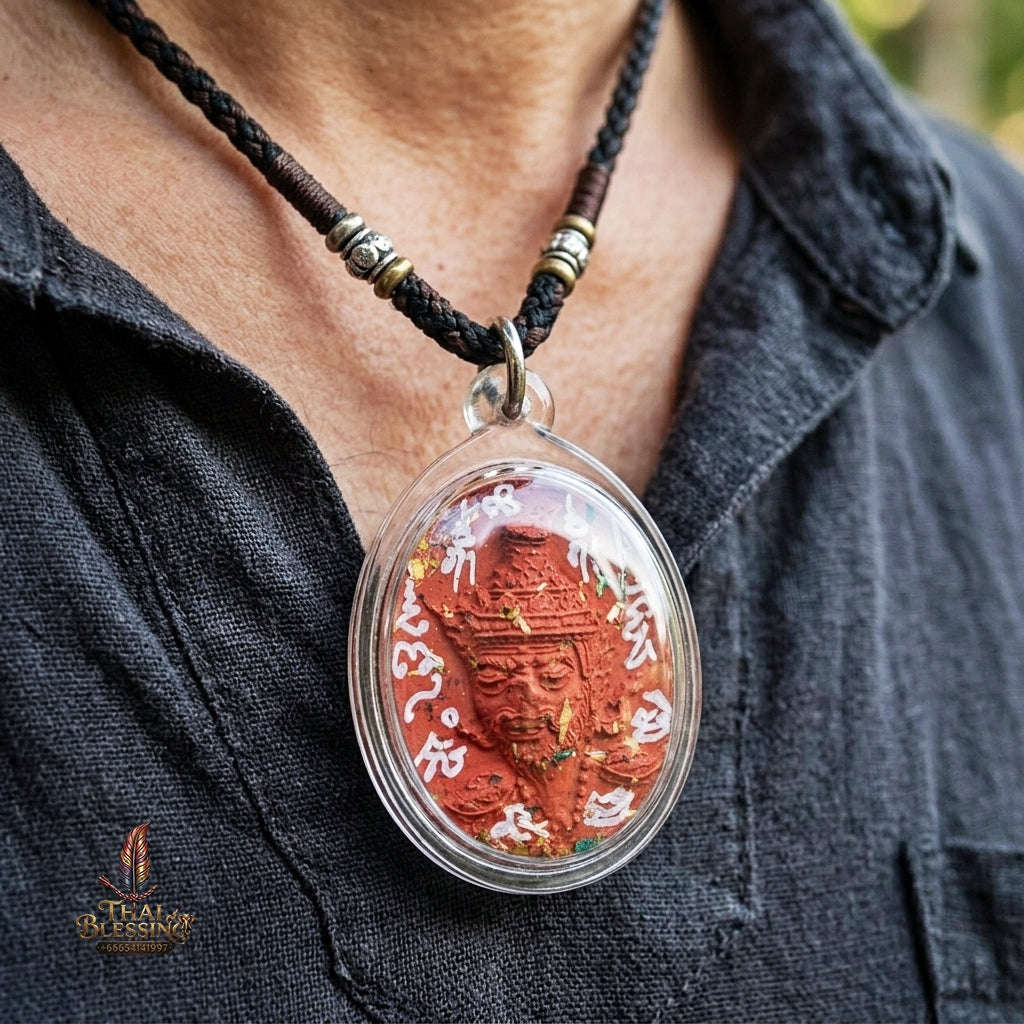 Authentic Thai Ruesi Hermit Amulet "Borom Khru Pu Ruesi BE 2569" - Red Sacred Herbal Powder Pendant with Holy Powder Bottle & Dual Takrut Thai Blessing Co By RURUECHA