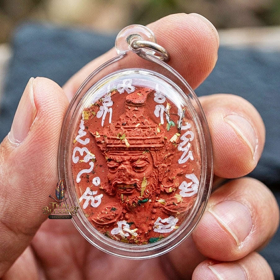 Authentic Thai Ruesi Hermit Amulet "Borom Khru Pu Ruesi BE 2569" - Red Sacred Herbal Powder Pendant with Holy Powder Bottle & Dual Takrut Thai Blessing Co By RURUECHA