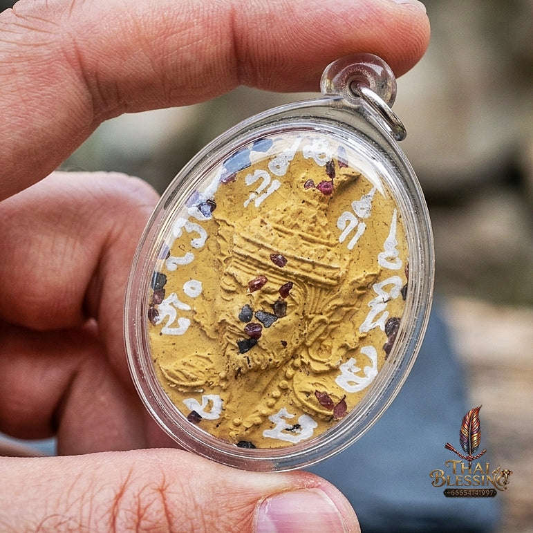 Authentic Thai Ruesi Hermit Amulet "Borom Khru Pu Ruesi BE 2569" - Yellow Sacred Herbal Powder Pendant with Holy Gems & Holy Powder Bottle Thai Blessing Co By RURUECHA