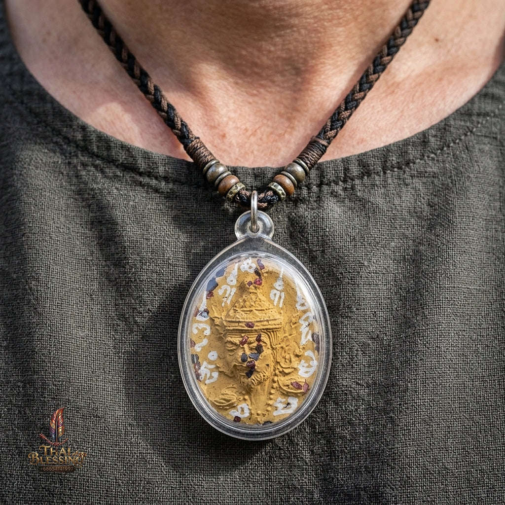 Authentic Thai Ruesi Hermit Amulet "Borom Khru Pu Ruesi BE 2569" - Yellow Sacred Herbal Powder Pendant with Holy Gems & Holy Powder Bottle Thai Blessing Co By RURUECHA