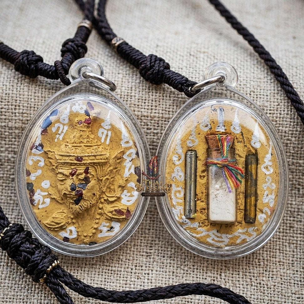 Authentic Thai Ruesi Hermit Amulet "Borom Khru Pu Ruesi BE 2569" - Yellow Sacred Herbal Powder Pendant with Holy Gems & Holy Powder Bottle Thai Blessing Co By RURUECHA