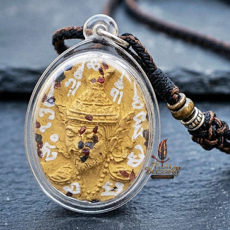 Authentic Thai Ruesi Hermit Amulet "Borom Khru Pu Ruesi BE 2569" - Yellow Sacred Herbal Powder Pendant with Holy Gems & Holy Powder Bottle Thai Blessing Co By RURUECHA