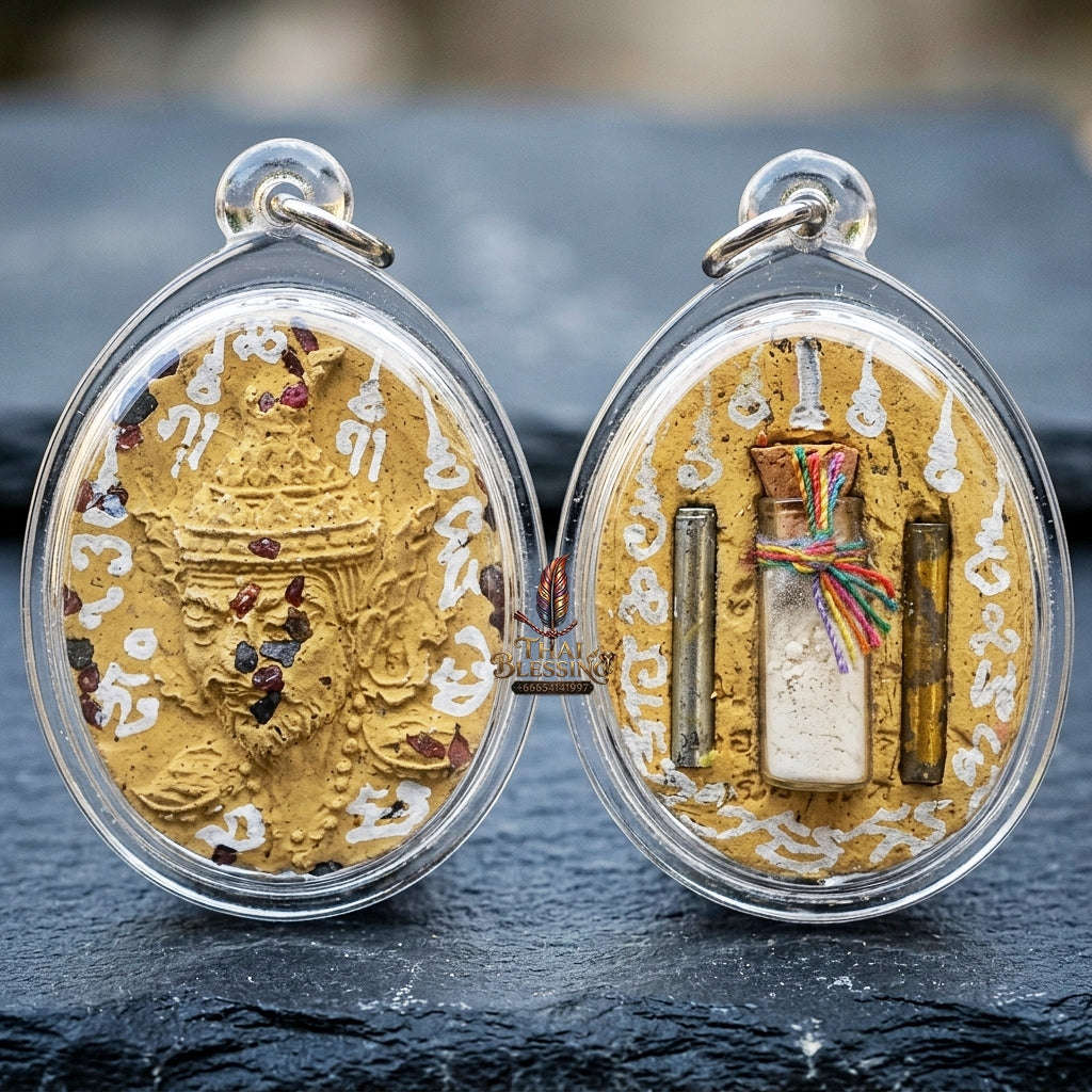Authentic Thai Ruesi Hermit Amulet "Borom Khru Pu Ruesi BE 2569" - Yellow Sacred Herbal Powder Pendant with Holy Gems & Holy Powder Bottle Thai Blessing Co By RURUECHA