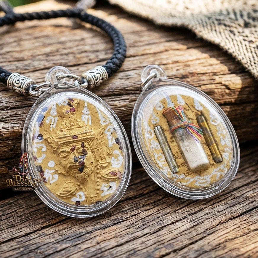 Authentic Thai Ruesi Hermit Amulet "Borom Khru Pu Ruesi BE 2569" - Yellow Sacred Herbal Powder Pendant with Holy Gems & Holy Powder Bottle Thai Blessing Co By RURUECHA