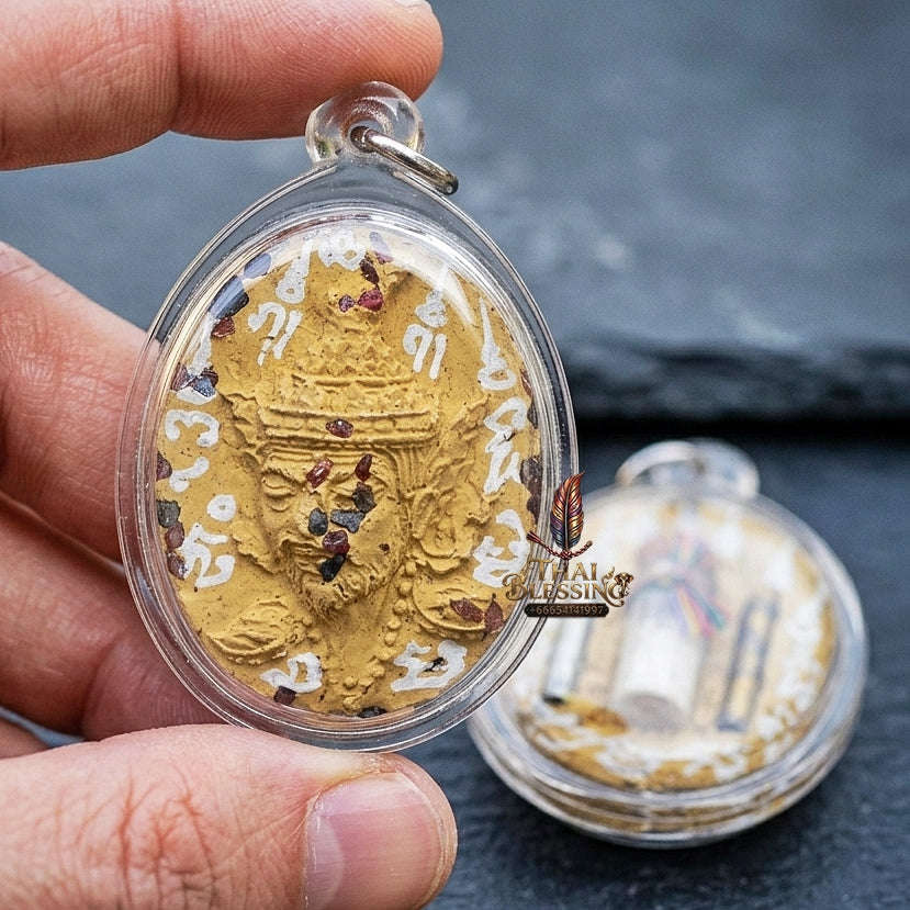 Authentic Thai Ruesi Hermit Amulet "Borom Khru Pu Ruesi BE 2569" - Yellow Sacred Herbal Powder Pendant with Holy Gems & Holy Powder Bottle Thai Blessing Co By RURUECHA