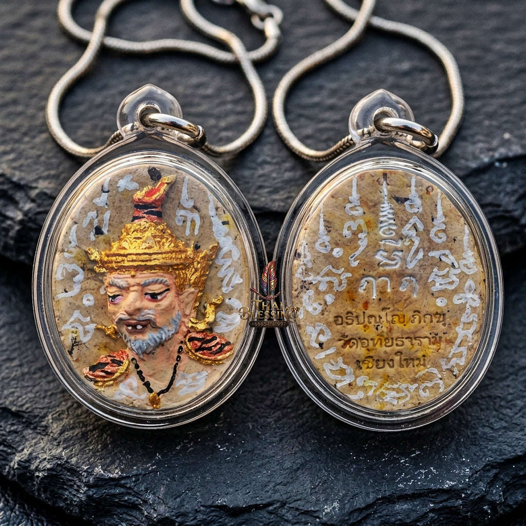 Authentic Thai Ruesi Mask Amulet "Borom Khru Pu Ruesi Maha Setthi Bandan Sap BE 2569" - Hand-Painted Golden Yellow Herbal Powder Pendant with Silver Hand-Inscribed Yantras Thai Blessing Co By RURUECHA
