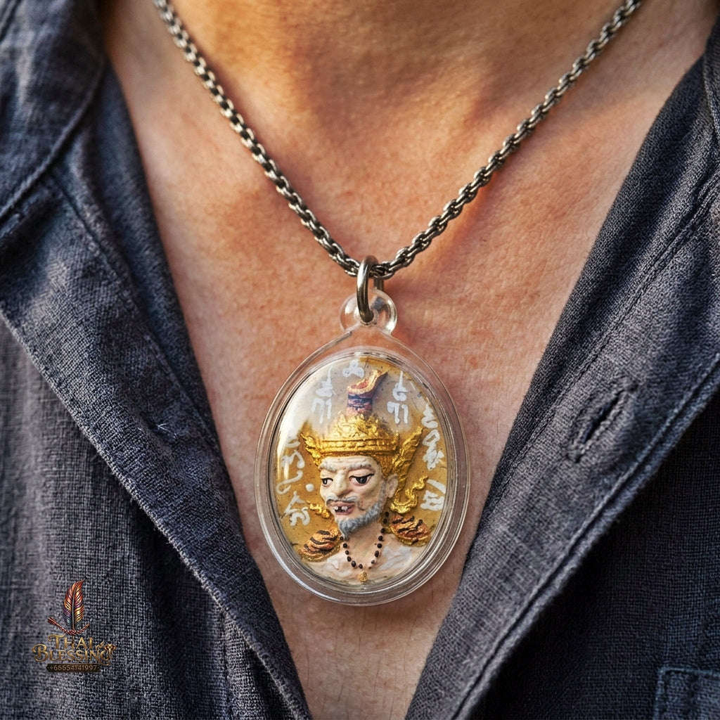 Authentic Thai Ruesi Mask Amulet "Borom Khru Pu Ruesi Maha Setthi Bandan Sap BE 2569" - Hand-Painted Golden Yellow Herbal Powder Pendant with Silver Hand-Inscribed Yantras Thai Blessing Co By RURUECHA