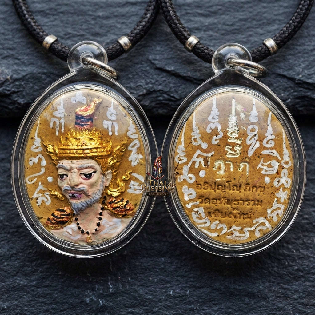 Authentic Thai Ruesi Mask Amulet "Borom Khru Pu Ruesi Maha Setthi Bandan Sap BE 2569" - Hand-Painted Golden Yellow Herbal Powder Pendant with Silver Hand-Inscribed Yantras Thai Blessing Co By RURUECHA