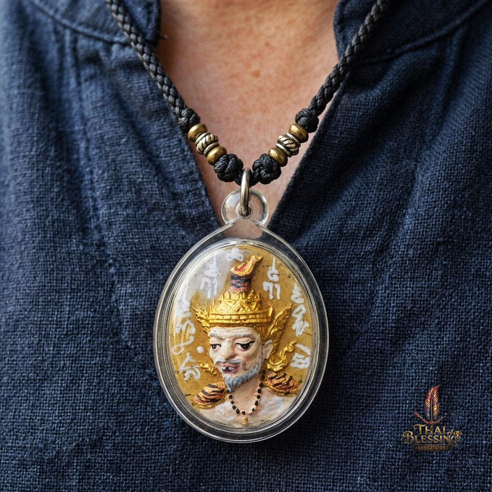 Authentic Thai Ruesi Mask Amulet "Borom Khru Pu Ruesi Maha Setthi Bandan Sap BE 2569" - Hand-Painted Golden Yellow Herbal Powder Pendant with Silver Hand-Inscribed Yantras Thai Blessing Co By RURUECHA