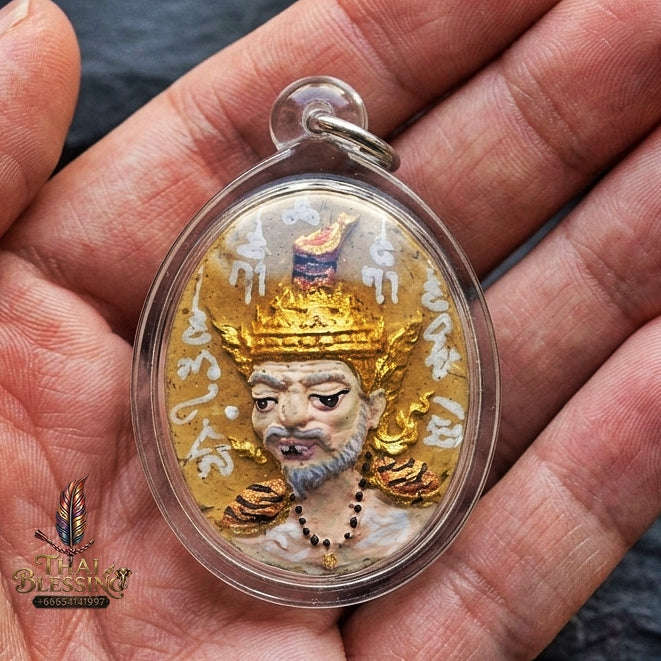 Authentic Thai Ruesi Mask Amulet "Borom Khru Pu Ruesi Maha Setthi Bandan Sap BE 2569" - Hand-Painted Golden Yellow Herbal Powder Pendant with Silver Hand-Inscribed Yantras Thai Blessing Co By RURUECHA
