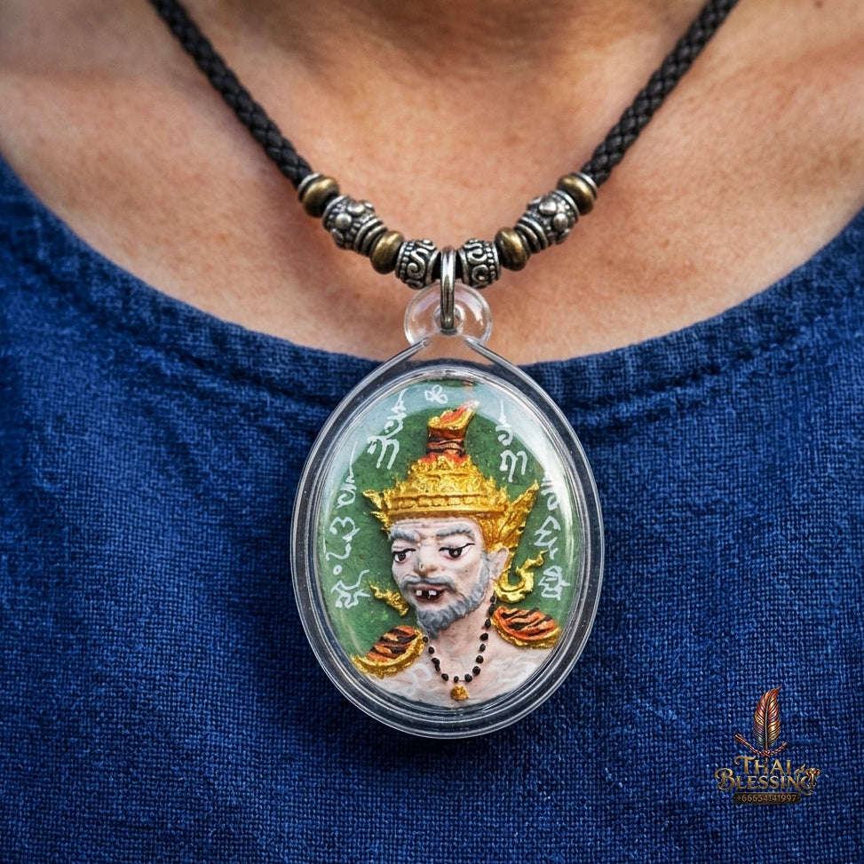 Authentic Thai Ruesi Mask Amulet "Borom Khru Pu Ruesi Maha Setthi Bandan Sap BE 2569" - Hand-Painted Green Herbal Powder Pendant with Silver Hand-Inscribed Yantras Thai Blessing Co By RURUECHA