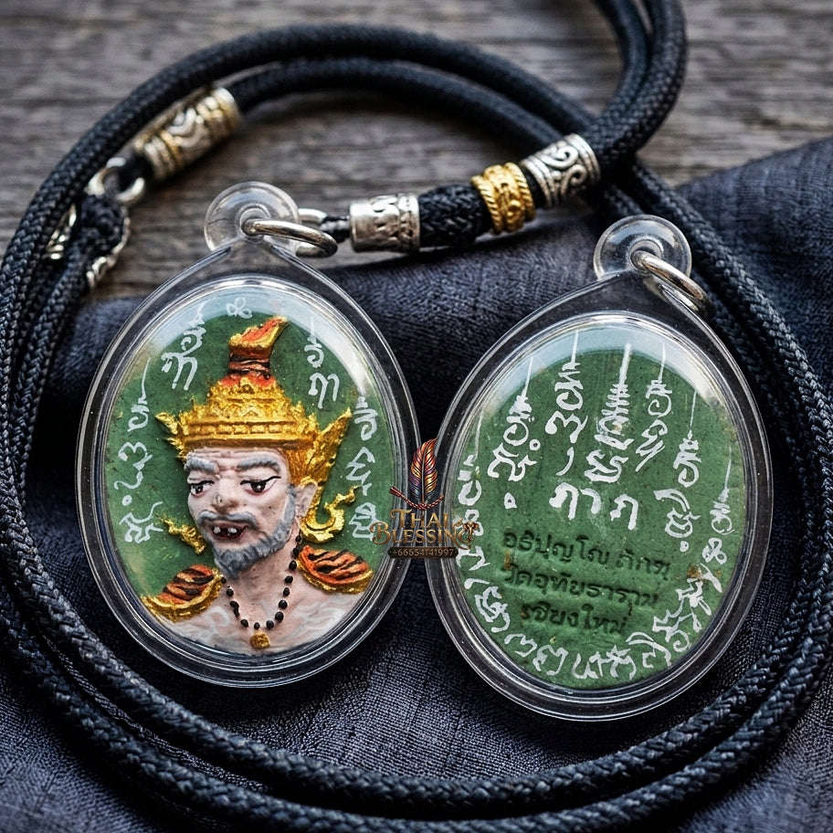 Authentic Thai Ruesi Mask Amulet "Borom Khru Pu Ruesi Maha Setthi Bandan Sap BE 2569" - Hand-Painted Green Herbal Powder Pendant with Silver Hand-Inscribed Yantras Thai Blessing Co By RURUECHA