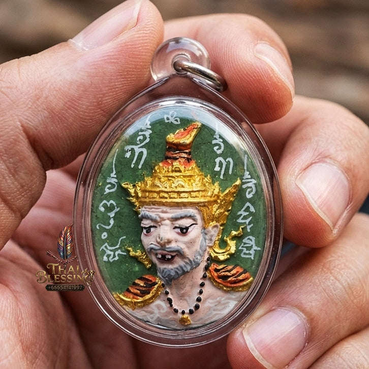 Authentic Thai Ruesi Mask Amulet "Borom Khru Pu Ruesi Maha Setthi Bandan Sap BE 2569" - Hand-Painted Green Herbal Powder Pendant with Silver Hand-Inscribed Yantras Thai Blessing Co By RURUECHA