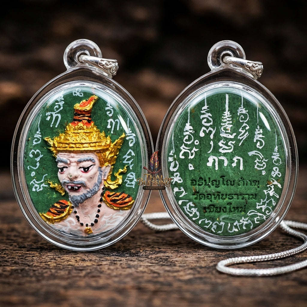 Authentic Thai Ruesi Mask Amulet "Borom Khru Pu Ruesi Maha Setthi Bandan Sap BE 2569" - Hand-Painted Green Herbal Powder Pendant with Silver Hand-Inscribed Yantras Thai Blessing Co By RURUECHA