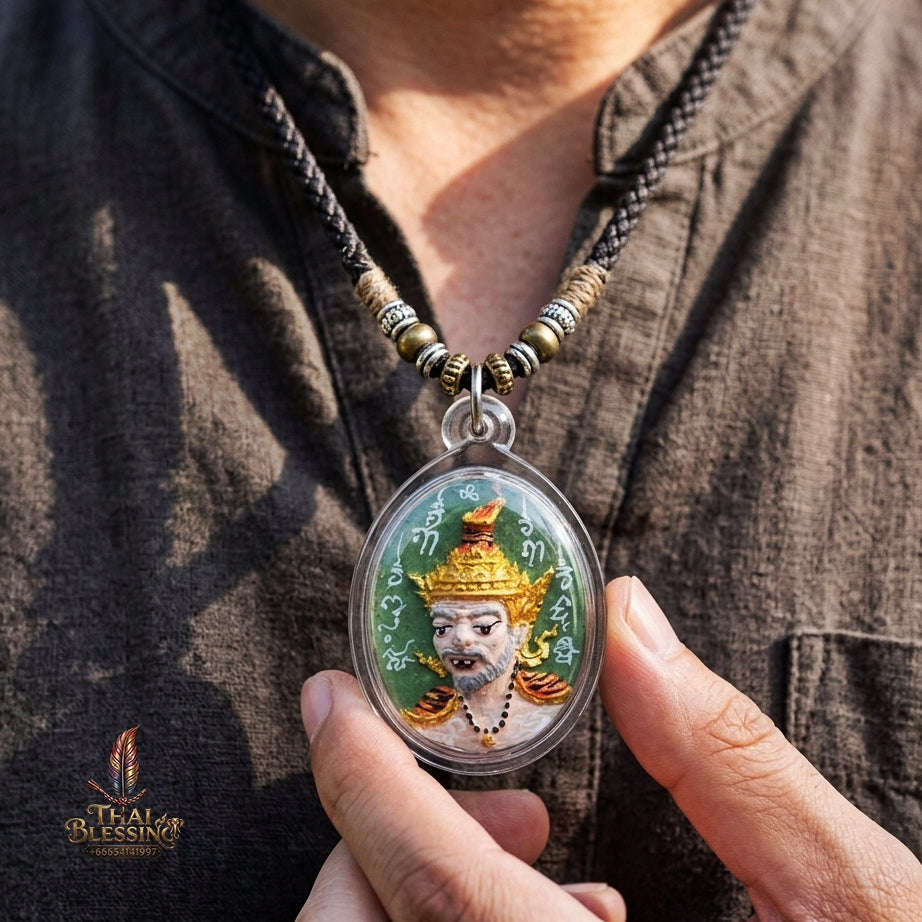 Authentic Thai Ruesi Mask Amulet "Borom Khru Pu Ruesi Maha Setthi Bandan Sap BE 2569" - Hand-Painted Green Herbal Powder Pendant with Silver Hand-Inscribed Yantras Thai Blessing Co By RURUECHA