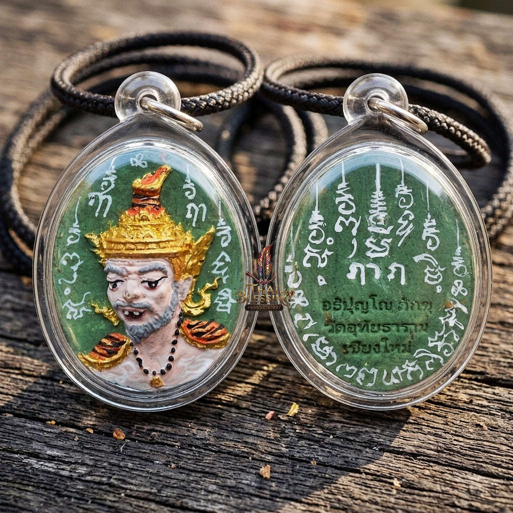 Authentic Thai Ruesi Mask Amulet "Borom Khru Pu Ruesi Maha Setthi Bandan Sap BE 2569" - Hand-Painted Green Herbal Powder Pendant with Silver Hand-Inscribed Yantras Thai Blessing Co By RURUECHA