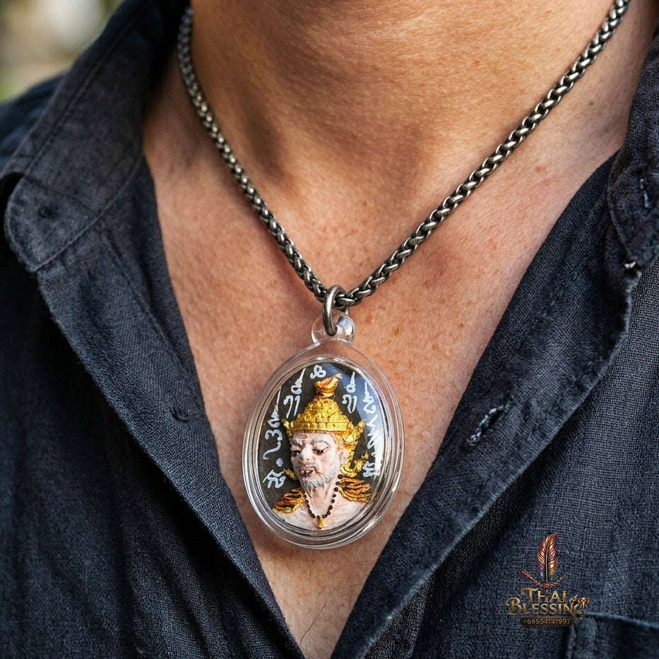 Authentic Thai Ruesi Mask Amulet "Borom Khru Pu Ruesi Maha Setthi Bandan Sap BE 2569" - Hand-Painted Herbal Powder Pendant with Silver Hand-Inscribed Yantras Thai Blessing Co By RURUECHA