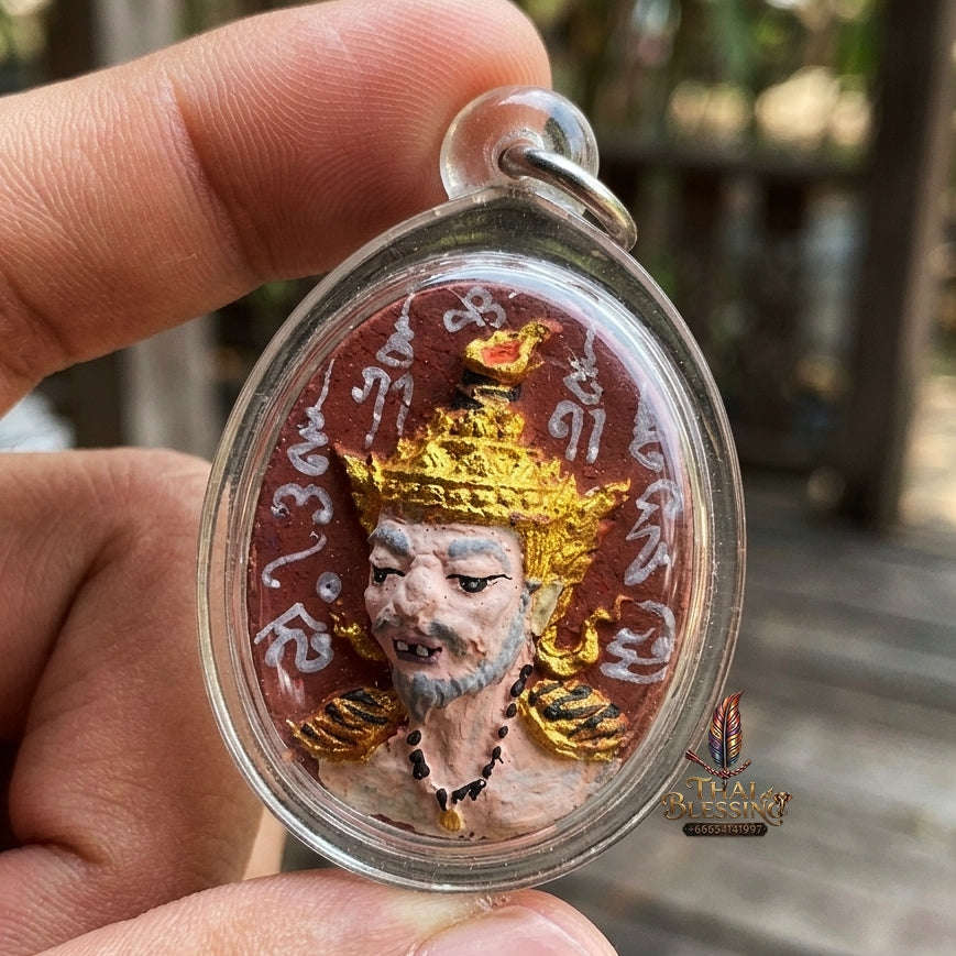 Authentic Thai Ruesi Mask Amulet "Borom Khru Pu Ruesi Maha Setthi Bandan Sap BE 2569" - Hand-Painted Red Herbal Powder Pendant with Silver Hand-Inscribed Yantras Thai Blessing Co By RURUECHA