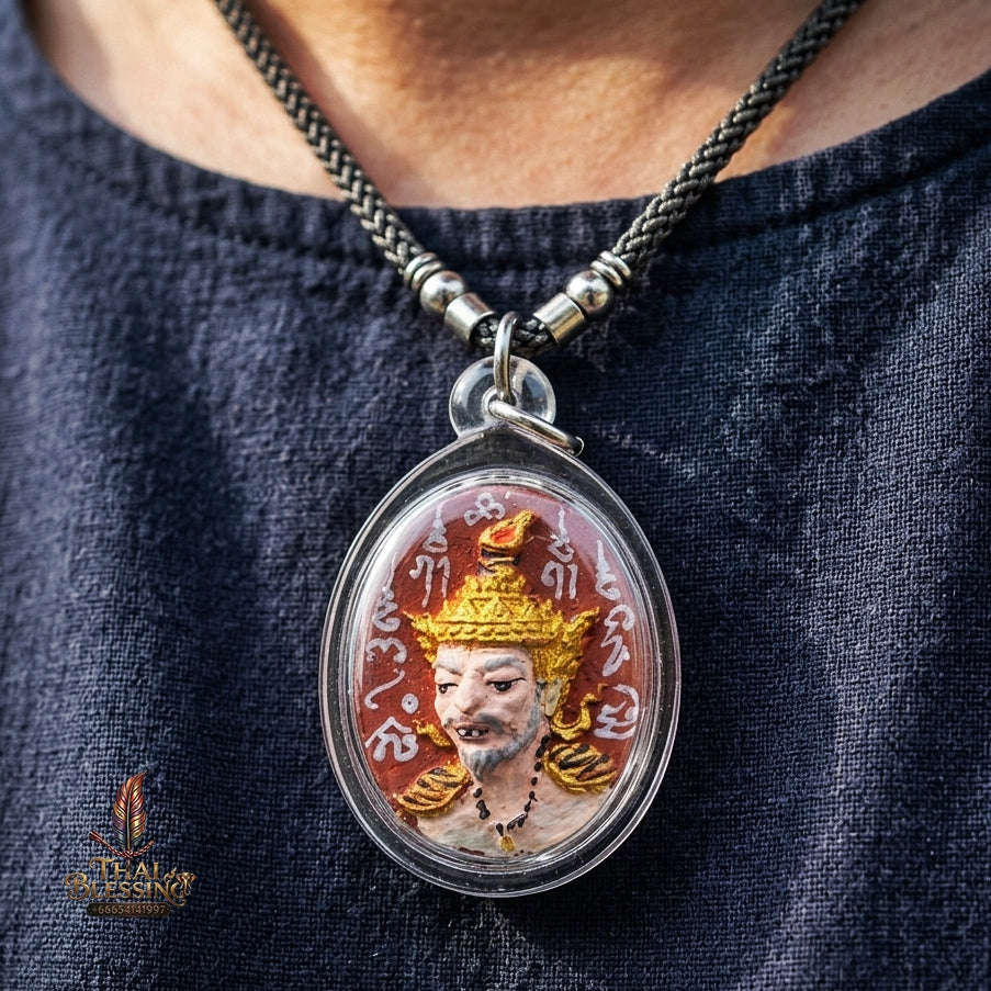 Authentic Thai Ruesi Mask Amulet "Borom Khru Pu Ruesi Maha Setthi Bandan Sap BE 2569" - Hand-Painted Red Herbal Powder Pendant with Silver Hand-Inscribed Yantras Thai Blessing Co By RURUECHA