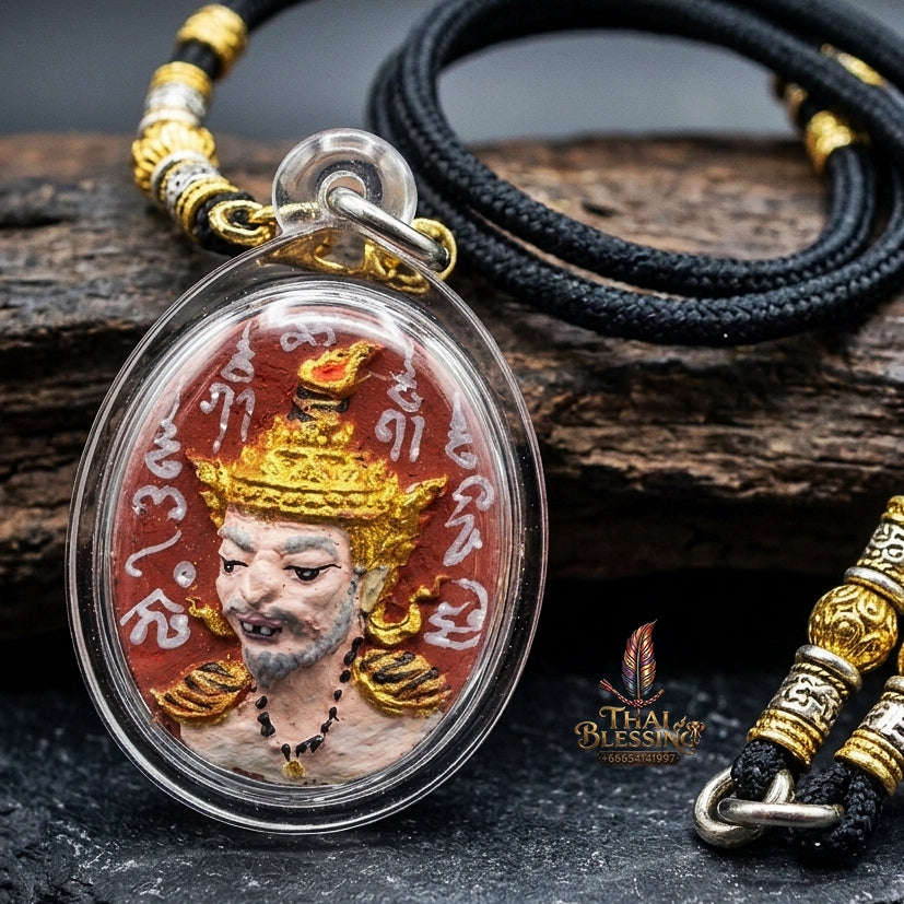 Authentic Thai Ruesi Mask Amulet "Borom Khru Pu Ruesi Maha Setthi Bandan Sap BE 2569" - Hand-Painted Red Herbal Powder Pendant with Silver Hand-Inscribed Yantras Thai Blessing Co By RURUECHA