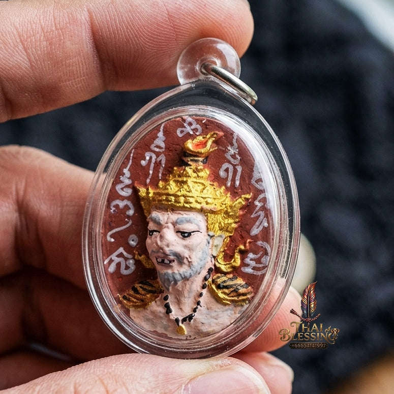 Authentic Thai Ruesi Mask Amulet "Borom Khru Pu Ruesi Maha Setthi Bandan Sap BE 2569" - Hand-Painted Red Herbal Powder Pendant with Silver Hand-Inscribed Yantras Thai Blessing Co By RURUECHA